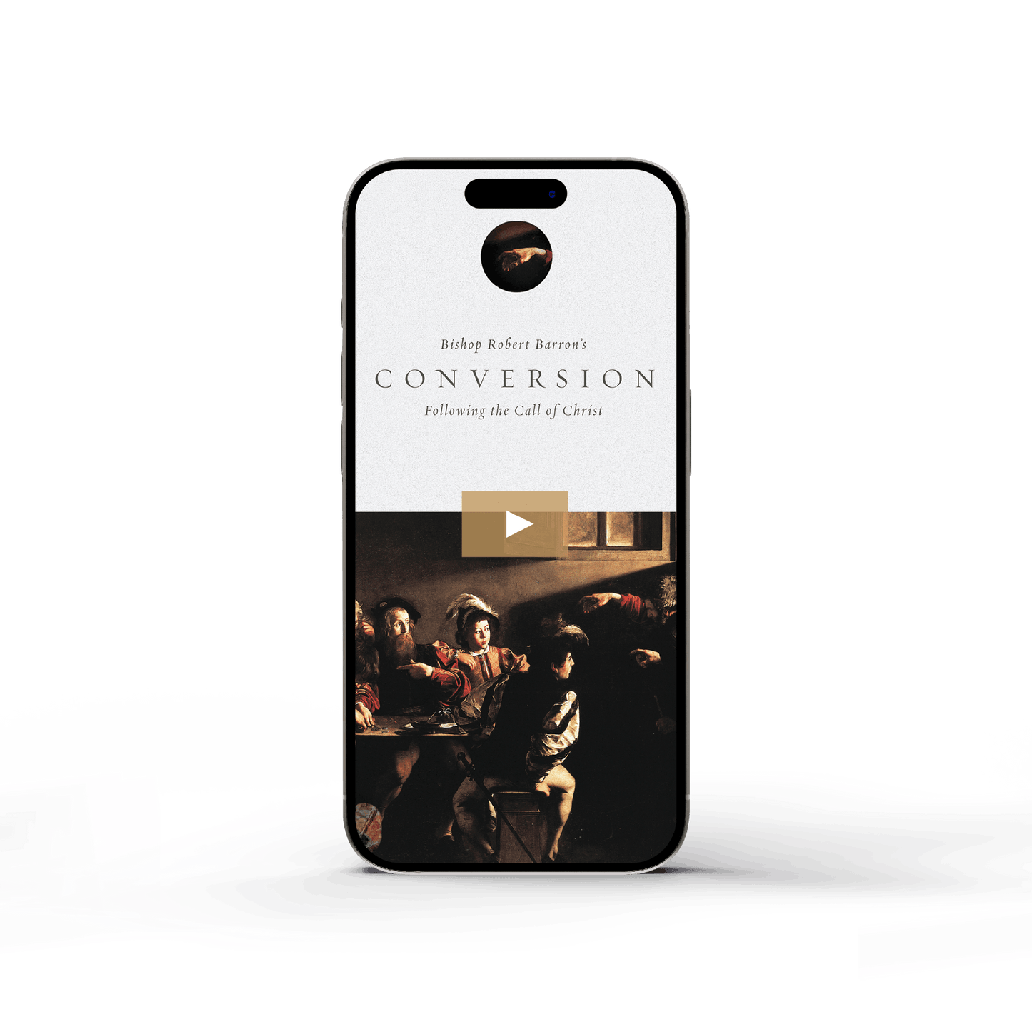 Image of a smartphone displaying "Conversion - Film" featuring a classic painting with religious figures, highlighting Catholic spiritual growth and evangelization themes; contributors, age range, ISBN, and binding type details not visible.