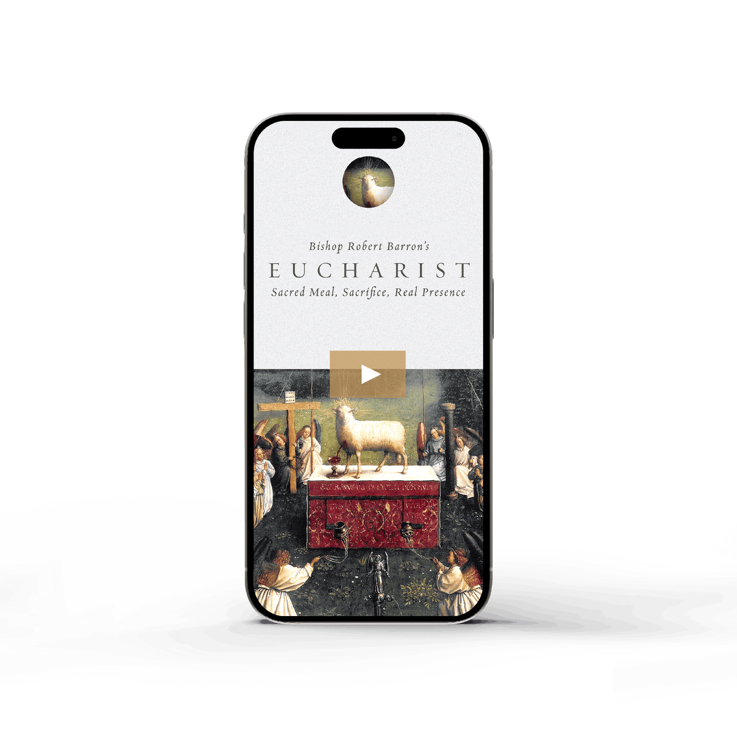 Smartphone screen displaying Bishop Robert Barron's Eucharist - Film with an image of a lamb on an altar, categorized as suitable for ages 13 and up, with contributors listed, ISBN included, and available in digital binding.