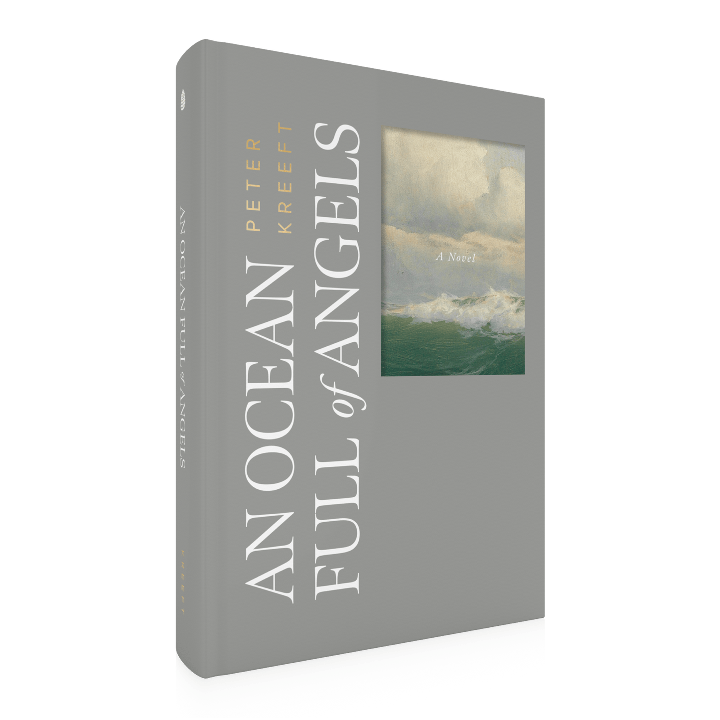 An image of the book "An Ocean Full of Angels" by Peter Kreeft, featuring a grey cover with a seascape painting, Catholic fiction novel, Word on Fire Luminor, hardcover 9781685783075
