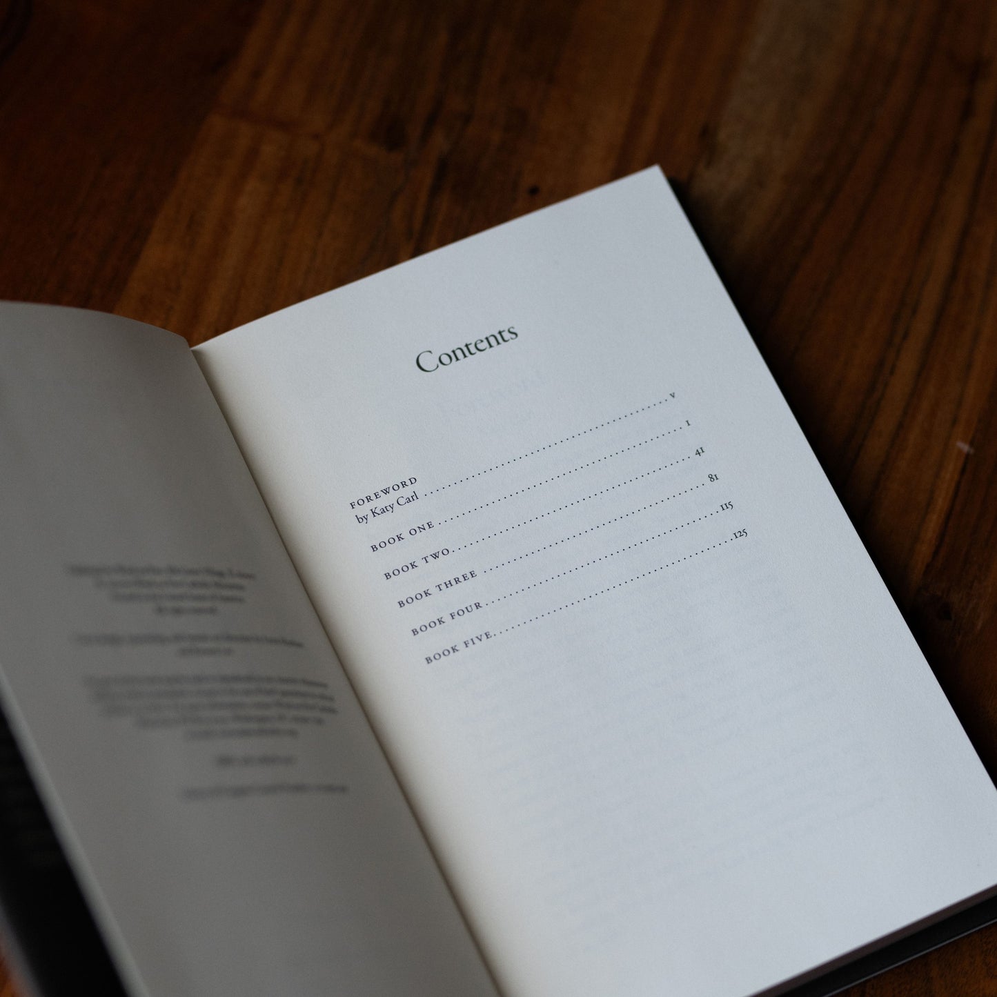 Open book showing the contents page of "The End of the Affair" with a foreword by David Call, hardcover 9781685782511