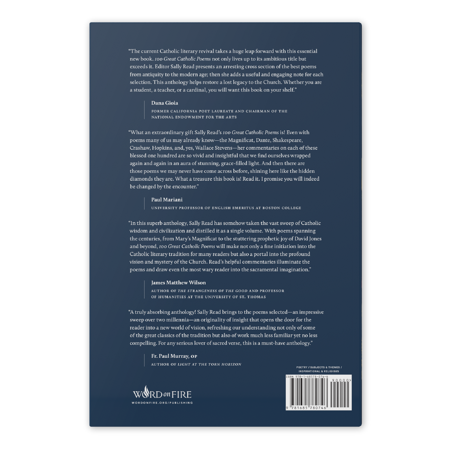 Back cover of 100 Great Catholic Poems featuring endorsements by Dana Gioia, Paul Mariani, James Matthew Wilson, and Fr. Paul Murray, OP, Word on Fire, hardcover 9781685780746