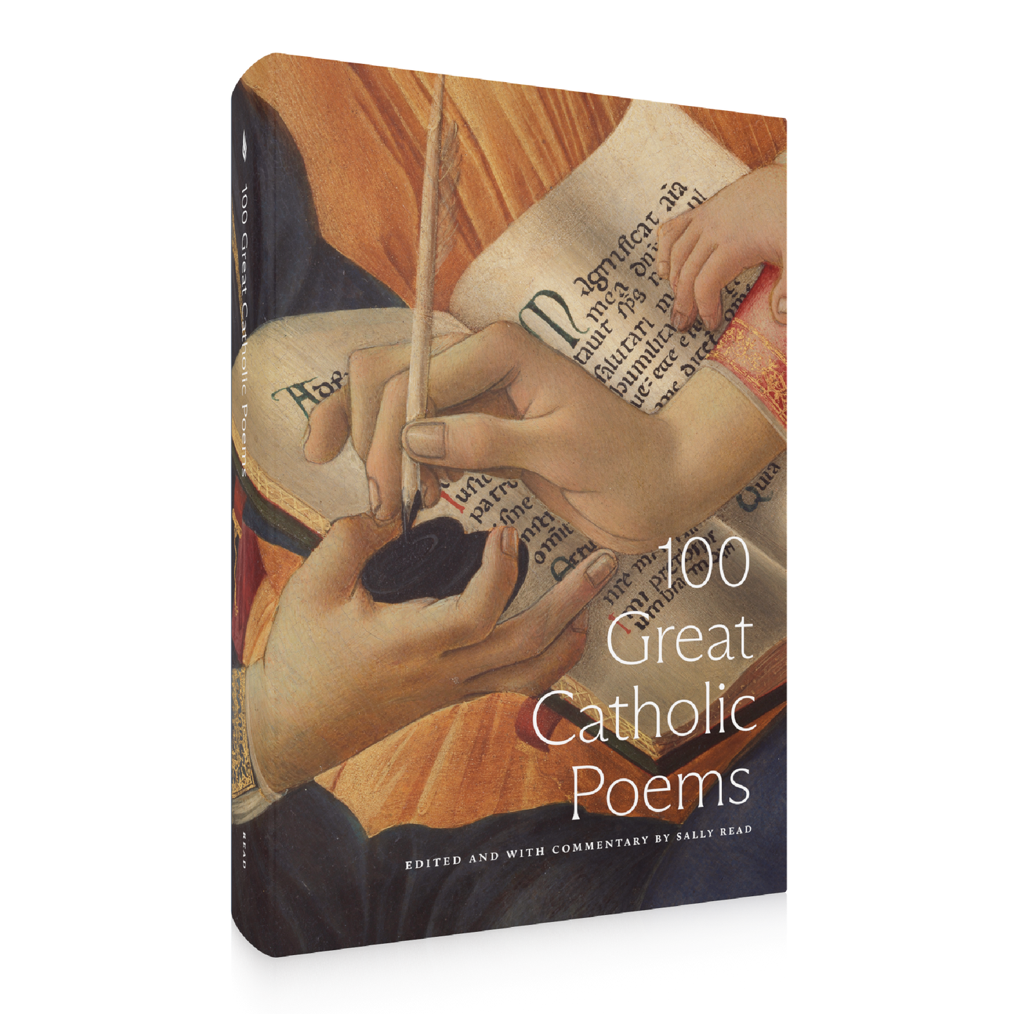 Cover of "100 Great Catholic Poems" featuring hands writing with a quill over an ancient manuscript, edited and commented by Sally Read, book of Catholic poetry, Word on Fire, hardcover 9781685780746