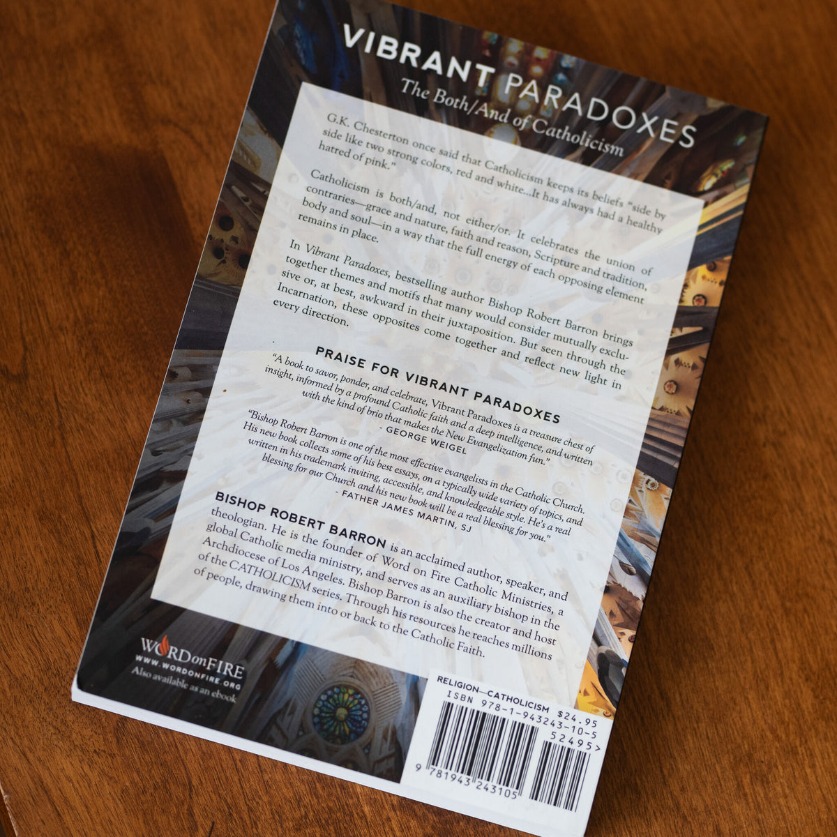 Back cover of the book Vibrant Paradoxes: The Both/And of Catholicism by Bishop Robert Barron, books on Catholicism, paperback 9781943243105