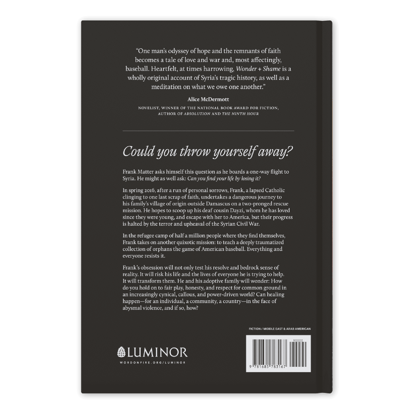 Back cover of 'Wonder + Shame' by Gregory Orfalea with a war-torn cityscape background, published by Word on Fire Luminor