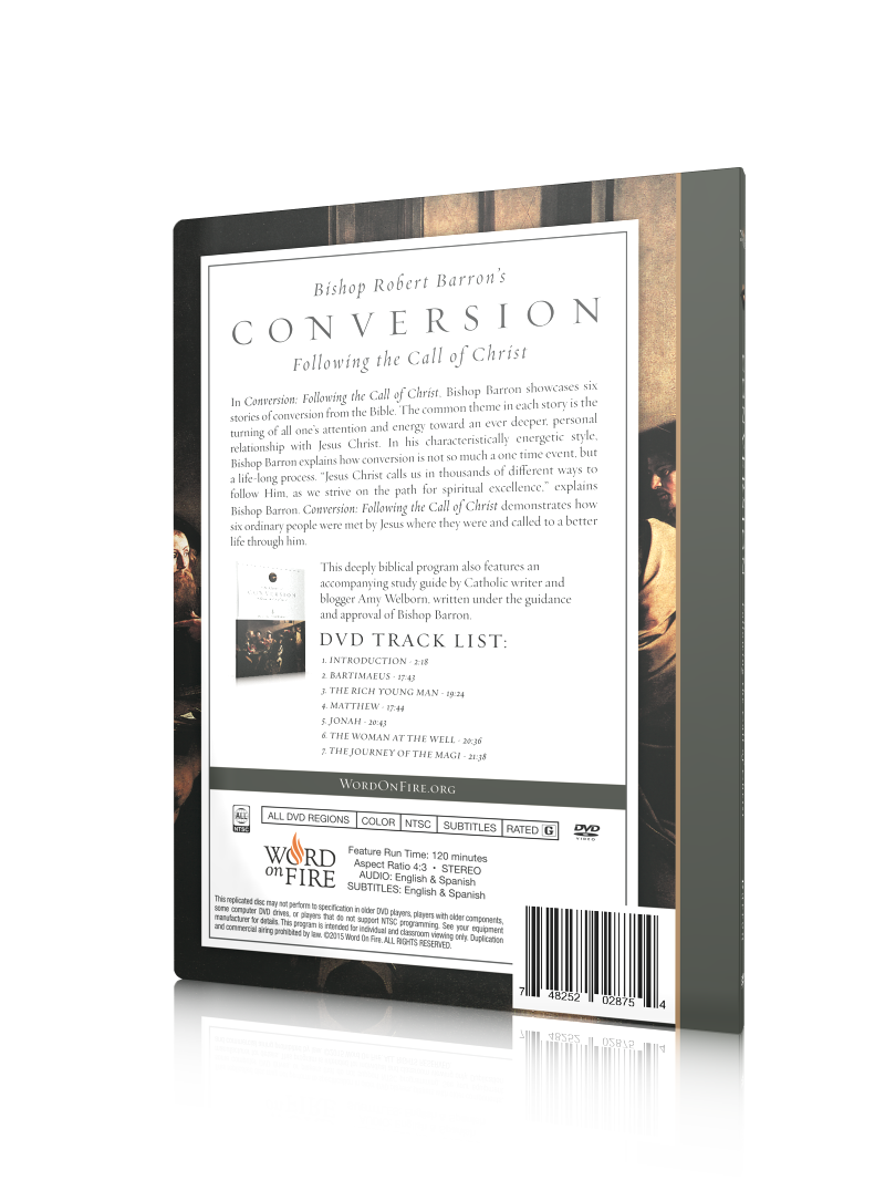 Conversion - Film back cover featuring a description of Bishop Robert Barron's work on spiritual growth and evangelization, including a DVD track list. Contributors include Bishop Robert Barron and Amy Welborn. Suitable for adult age range. ISBN number visible. Binding type is DVD case.