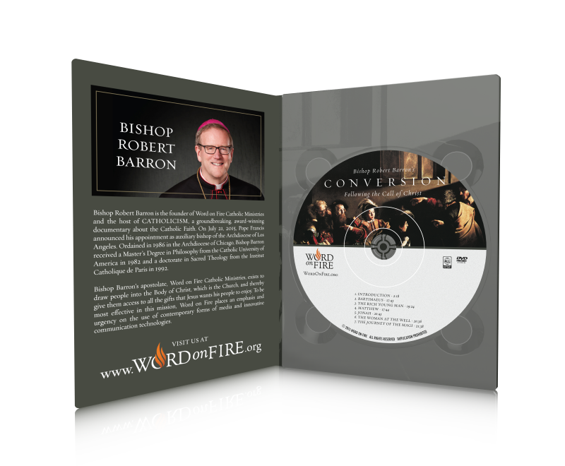 Open DVD case displaying the "Conversion - Film" disc featuring a scene of the Road to Emmaus, with an informational card about Bishop Robert Barron, founder of Word on Fire Ministries, focused on Catholic spiritual growth and evangelization, suitable for adult audiences.