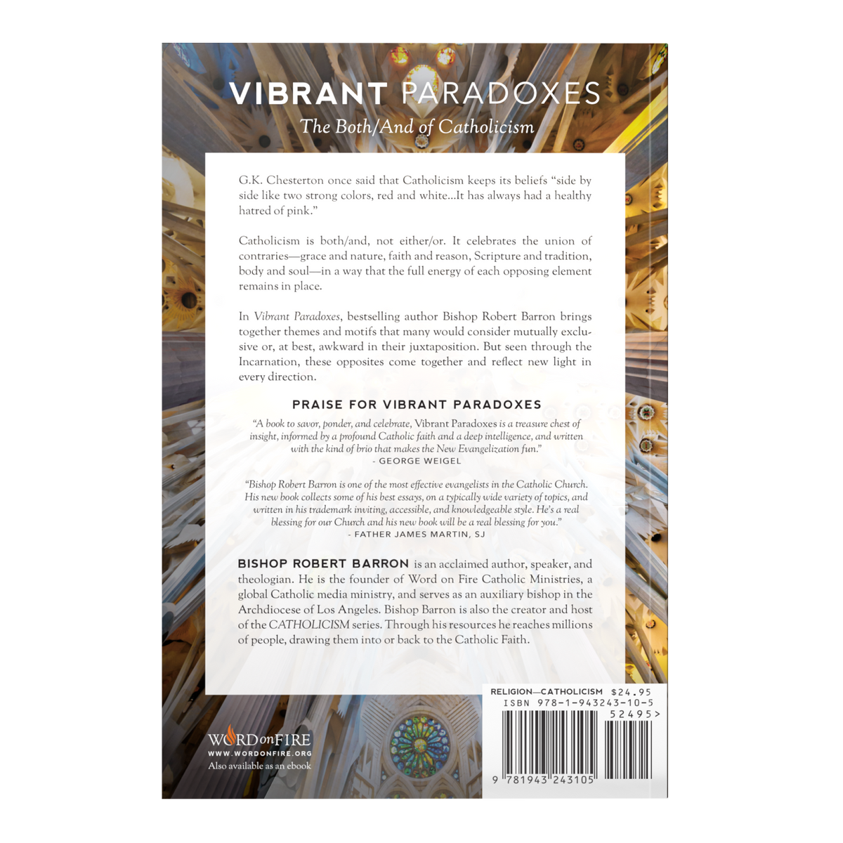 Back cover of the book Vibrant Paradoxes: The Both/And of Catholicism featuring a description of Catholic spirituality and praise quotes, with contributors including Bishop Robert Barron, paperback 9781943243105