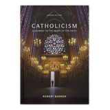 Book cover of Catholicism: A Journey to the Heart of the Faith (Second Edition) by Robert Barron, featuring a grand cathedral interior with stained glass windows, suitable for spiritual growth and theology book readers, hardcover 9781685782665