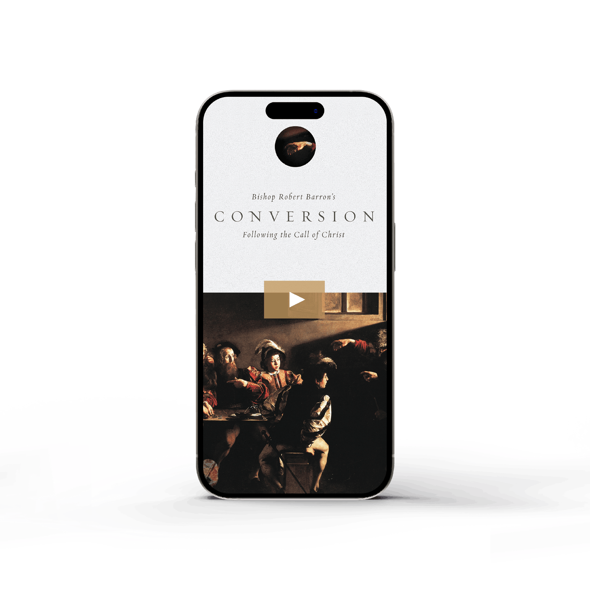 Image of a smartphone displaying "Conversion - Film" featuring a classic painting with religious figures, highlighting Catholic spiritual growth and evangelization themes; contributors, age range, ISBN, and binding type details not visible.