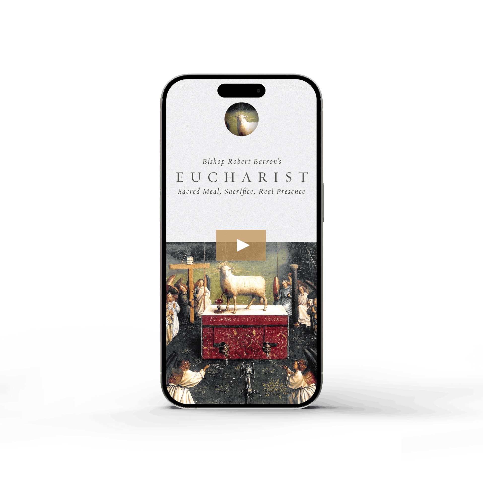 Smartphone screen displaying Bishop Robert Barron's Eucharist - Film with an image of a lamb on an altar, categorized as suitable for ages 13 and up, with contributors listed, ISBN included, and available in digital binding.