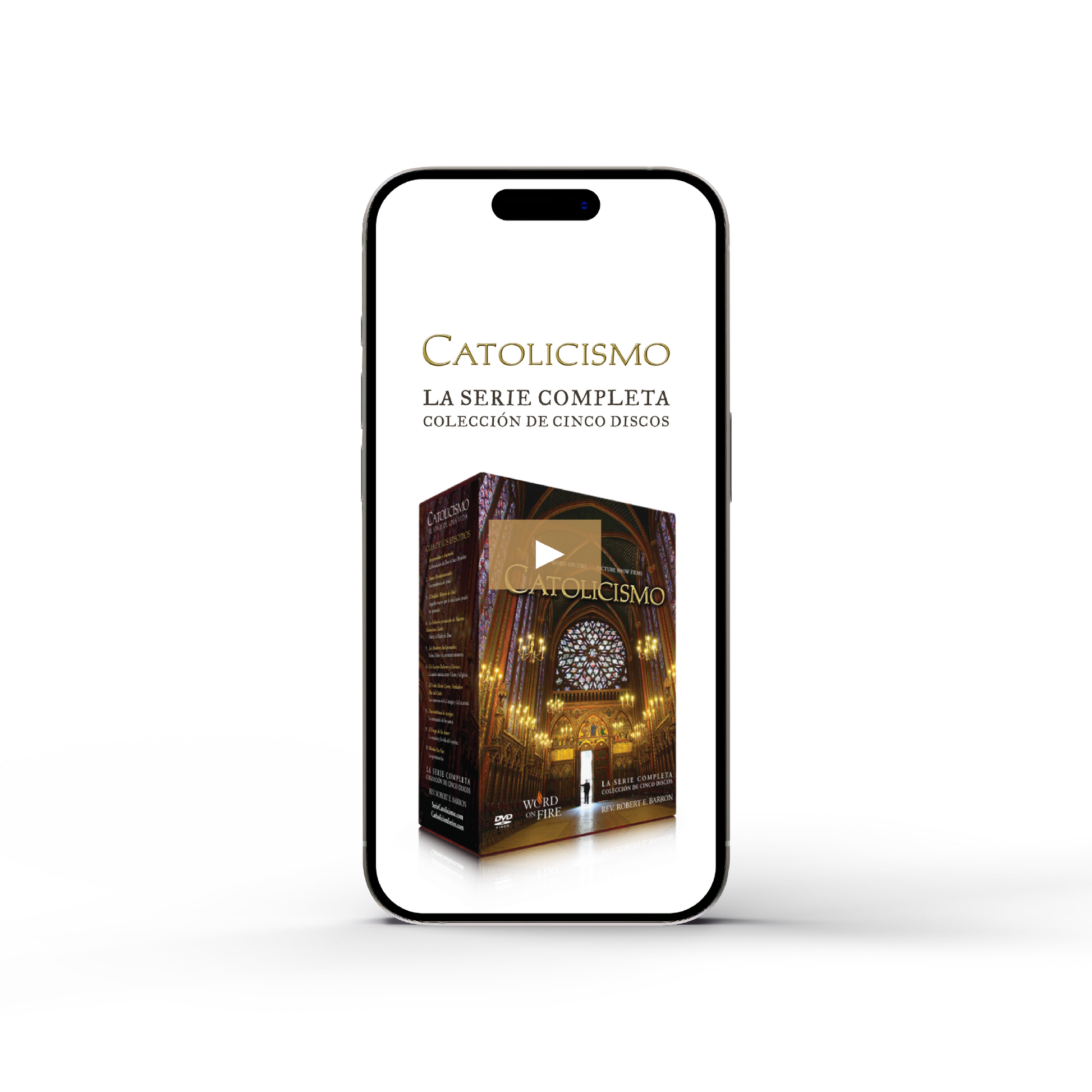 A digital display on a smartphone showing the "Serie CATOLICISMO Película" collection packaging featuring a stained glass church interior, with Contributors, Age Range, ISBN, and Binding Type details visible.