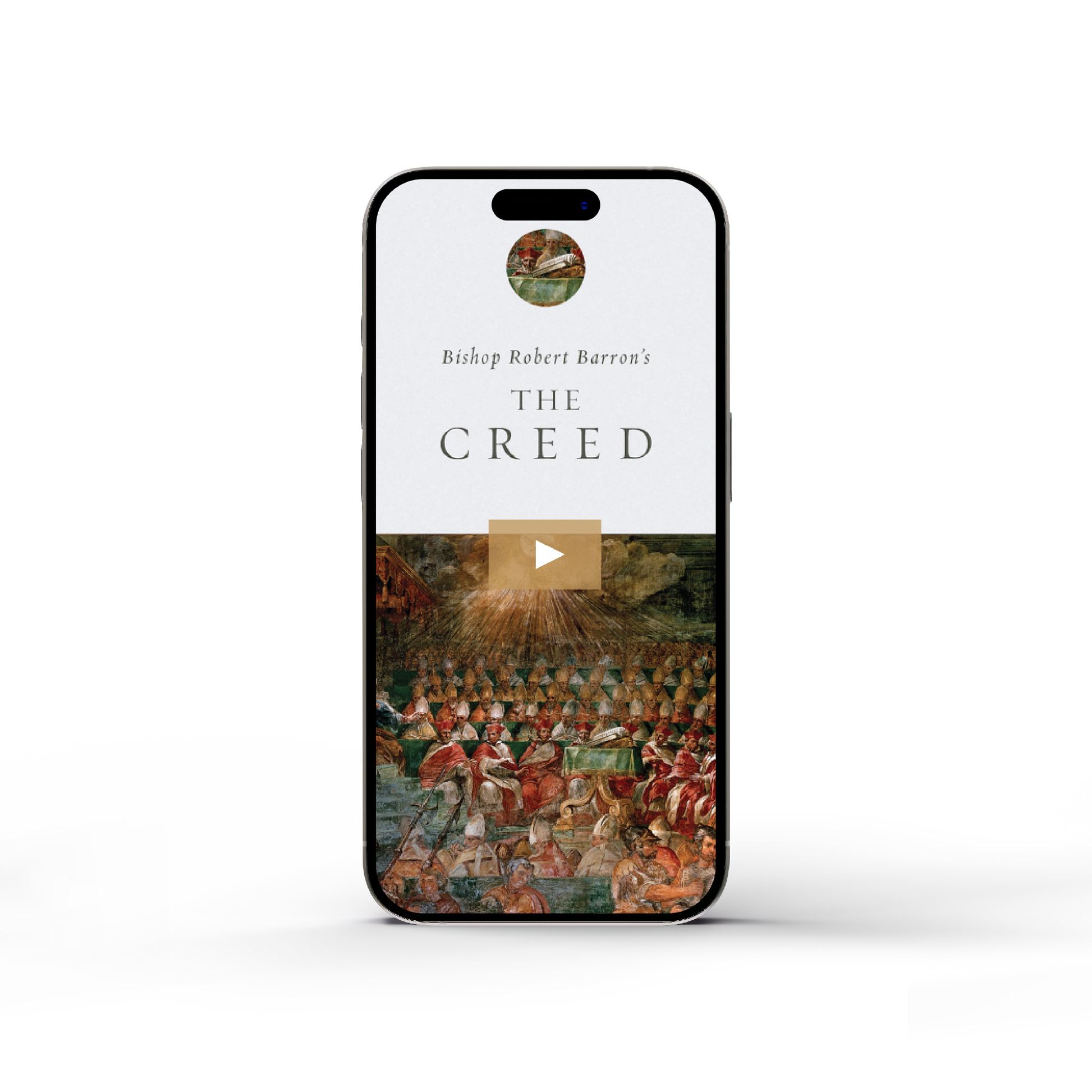 Smartphone displaying Bishop Robert Barron’s The Creed - Film digital access page, featuring classical religious artwork, suitable for adults, contributors include Bishop Robert Barron, no ISBN, digital binding type.