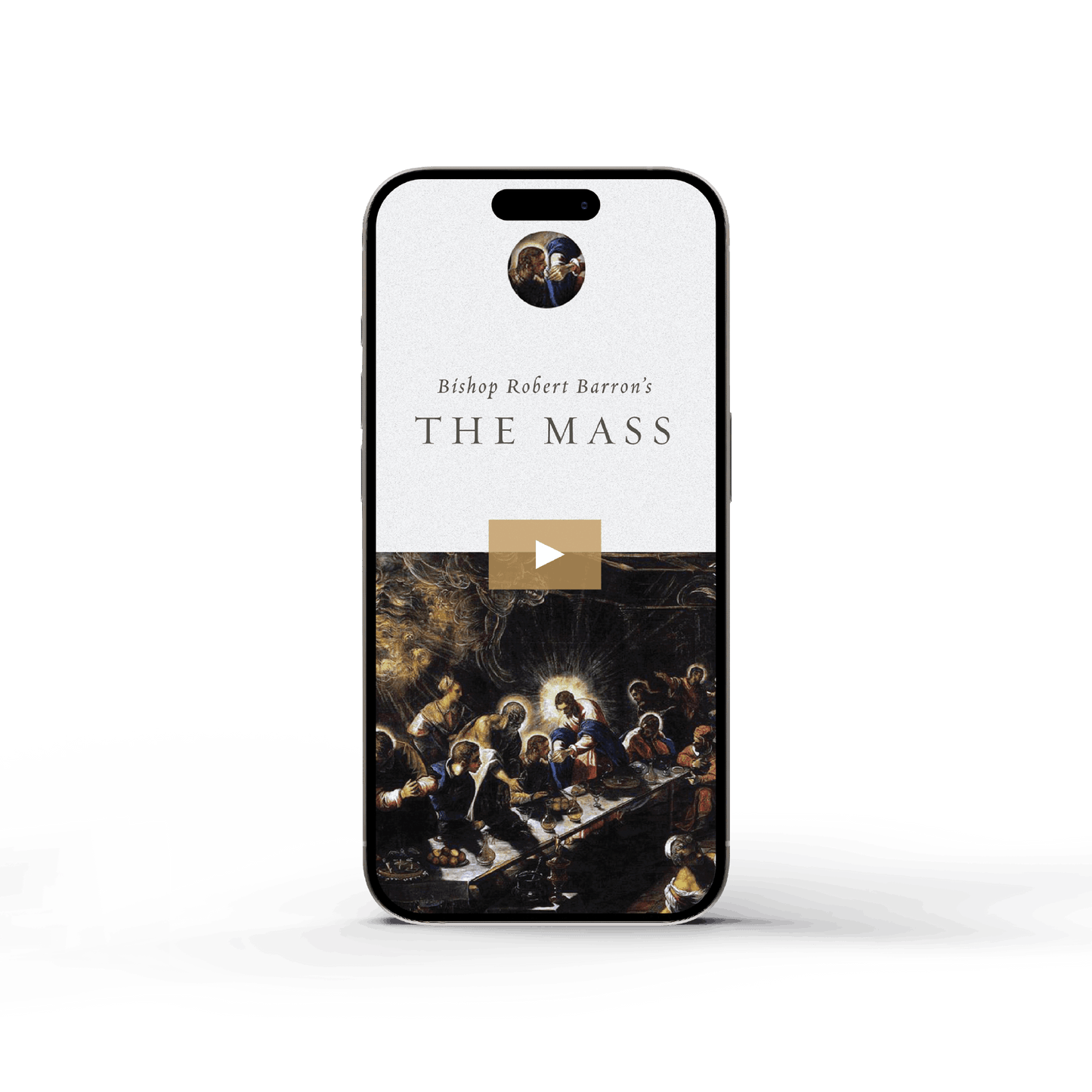 Smartphone displaying "The Mass - Film" with a play button overlay and artwork of the Last Supper, contributors including Bishop Robert Barron, suitable for adult audiences, no ISBN or binding type specified.