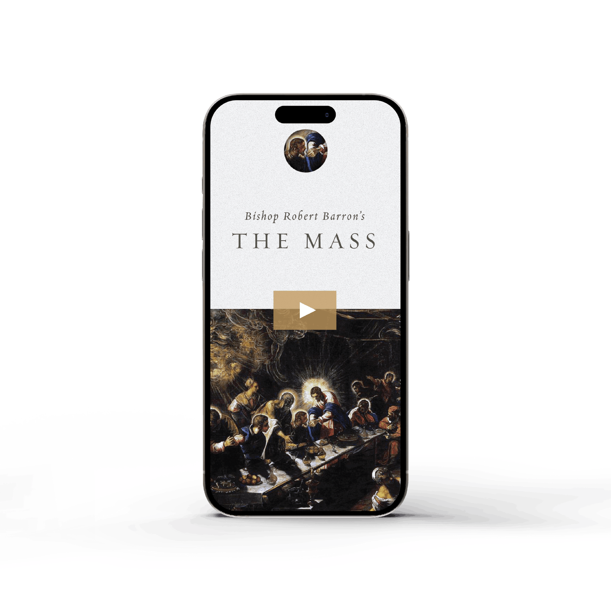 Smartphone displaying "The Mass - Film" with a play button overlay and artwork of the Last Supper, contributors including Bishop Robert Barron, suitable for adult audiences, no ISBN or binding type specified.