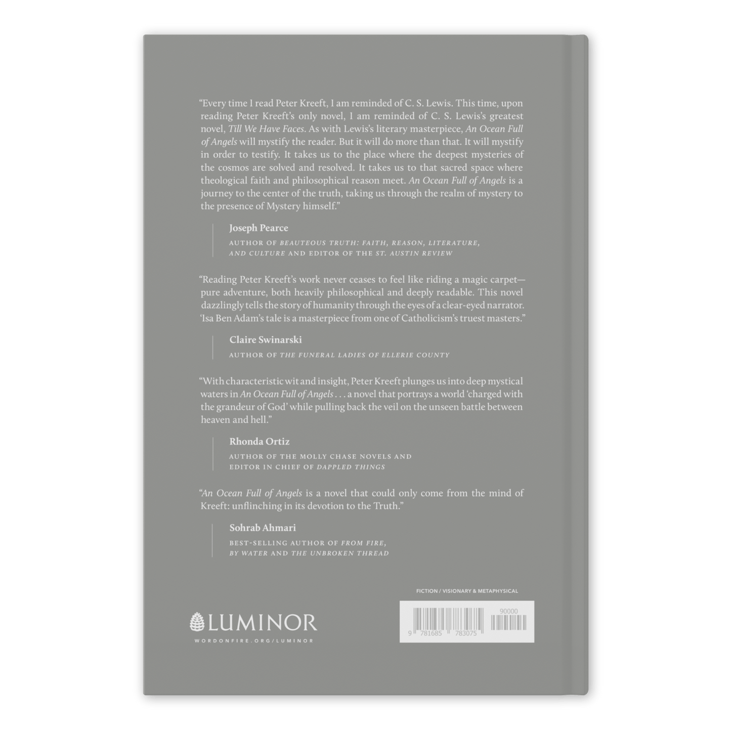 Back cover of "An Ocean Full of Angels" featuring endorsements by Joseph Pearce, Claire Swinarski, Rhonda Ortiz, and Sohrab Ahmari, highlighting themes of Catholic spirituality and mystery, Word on Fire Luminor, hardcover 9781685783075
