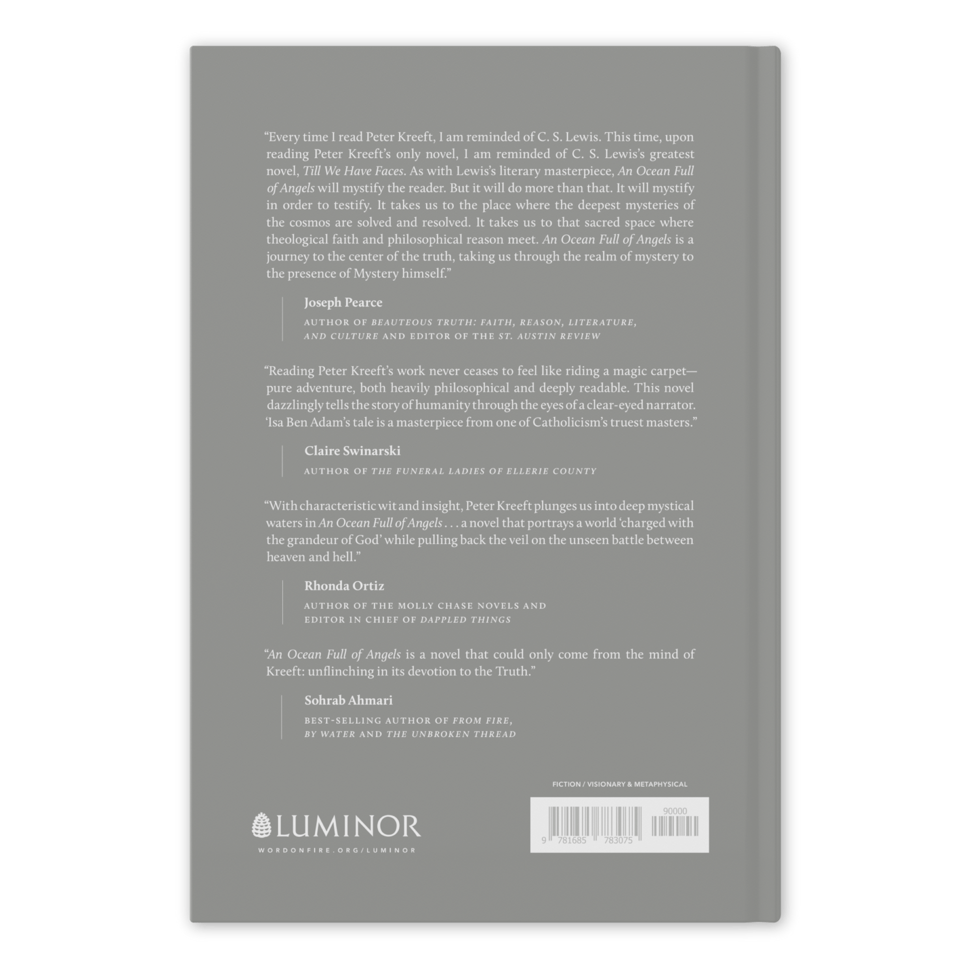 Back cover of "An Ocean Full of Angels" featuring endorsements by Joseph Pearce, Claire Swinarski, Rhonda Ortiz, and Sohrab Ahmari, highlighting themes of Catholic spirituality and mystery, Word on Fire Luminor, hardcover 9781685783075