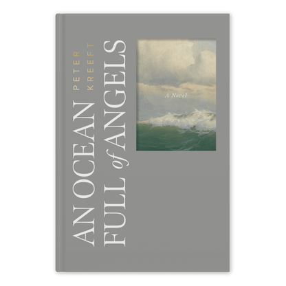 Cover of the book "An Ocean Full of Angels" by Peter Kreeft featuring an ocean wave painting with a cloudy sky, described as a novel, Word on Fire Luminor, hardcover 9781685783075