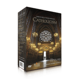CATHOLICISM Film Series DVD set featuring an illuminated cathedral interior with stained glass windows and chandeliers, contributors Bishop Robert Barron, suitable for adults, ISBN and DVD binding type.