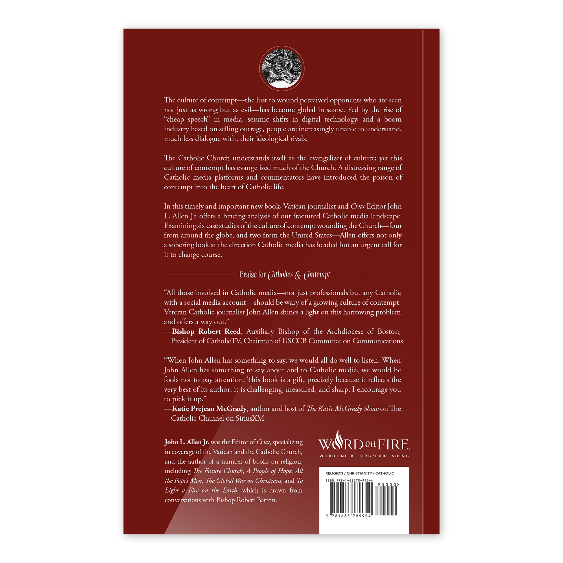 Back cover of the book Catholics and Contempt by John L. Allen Jr., featuring praise from Bishop Robert Reed and Katie Prejean McGrady, books on Catholic evangelization and media, paperback 9781685789954