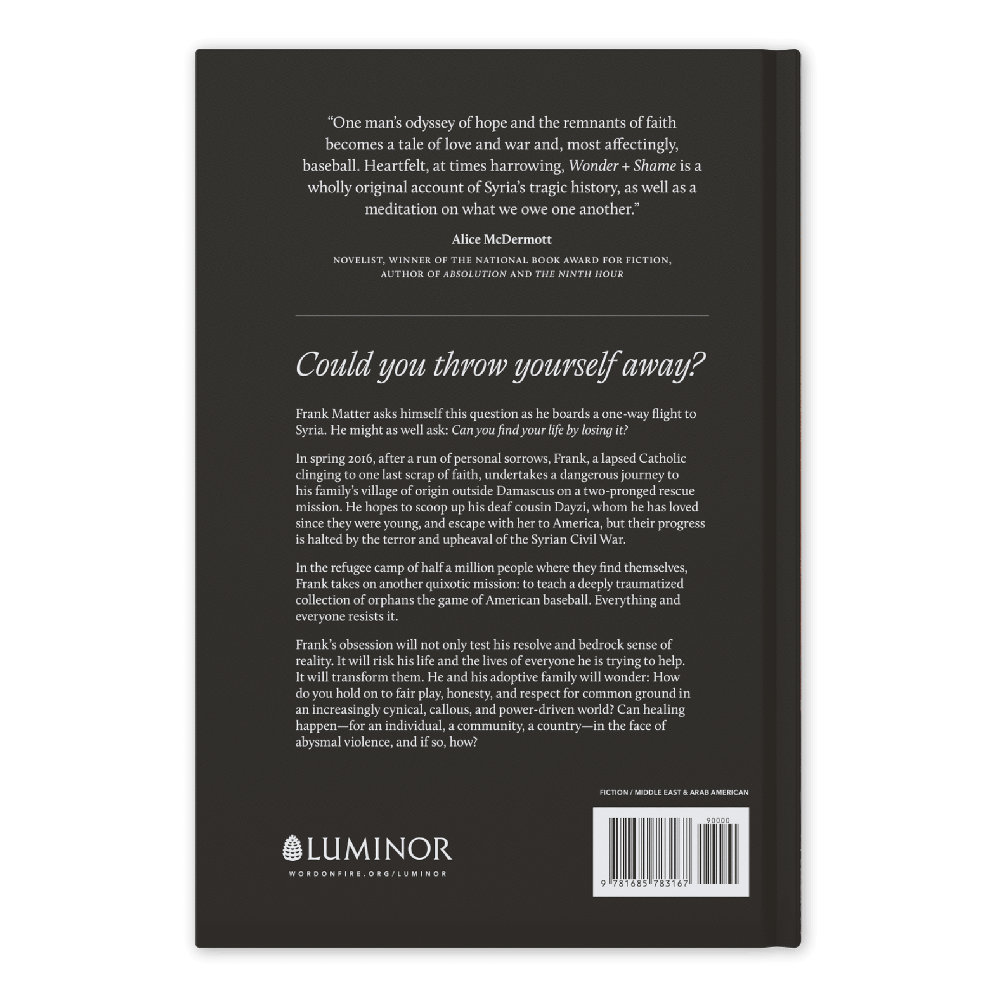 Back cover of 'Wonder + Shame' by Gregory Orfalea with a war-torn cityscape background, published by Word on Fire Luminor