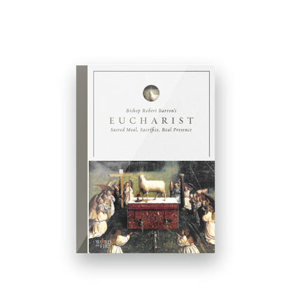 Eucharist - Film DVD cover featuring classical religious artwork of a lamb on an altar with worshippers, contributors Bishop Robert Barron, suitable for adult age range, ISBN included, standard DVD binding.
