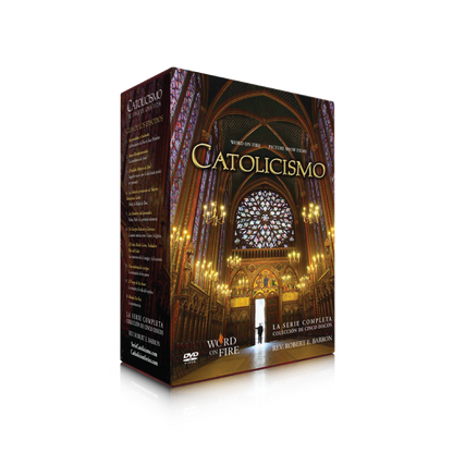 Box set displaying "Serie CATOLICISMO Película" featuring ornate cathedral interior with stained glass and chandeliers, Contributors Rev. Robert Barron, suitable for adult age range, ISBN visible, DVD binding type.