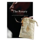 The Rosary book bundle, includes prayer book and wooden rosary with a silver crucifix partially inside a beige cloth pouch bearing the Word on Fire flame logo, Word on Fire Rosary + Book Bundle, by Bishop Robert Barron, gifts for Catholics, Catholic prayer books